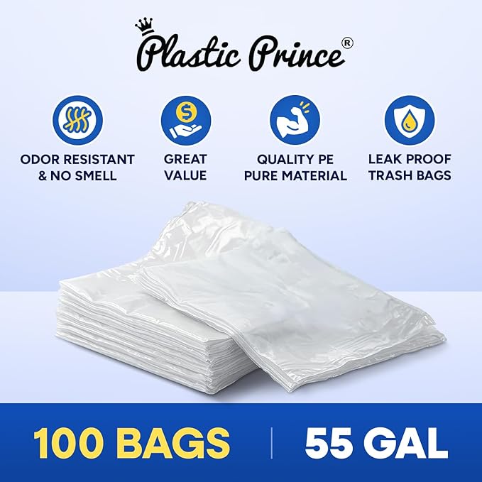 55 Gallon Trash Bags 1.3 Mil Heavy Duty Fit Rollout Containers Round and Square 32-55 gal Trash Cans 36 x 50 Large Durable Garbage Trash Can Liners Clear Pack of 100