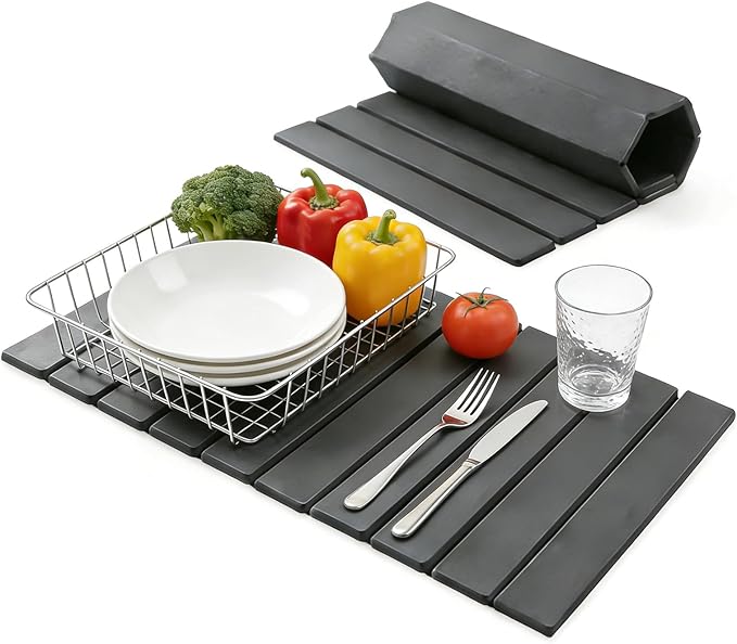 Large Stone Dish Drying Mat for Kitchen Counter Foldable Diatomaceous Earth Drying Mat Quick Water Absorbing Eco-Friendly Mat for Dishes Dark Gray