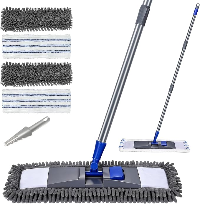 MASTERTOP Microfiber Mop for Floor Cleaning Flat Dust Mop for Home and Kitchen Adjustable Stainless Steel Handle with 4 Washable Pads&amp1 Cleaning Scrape for Hardwood Vinyl