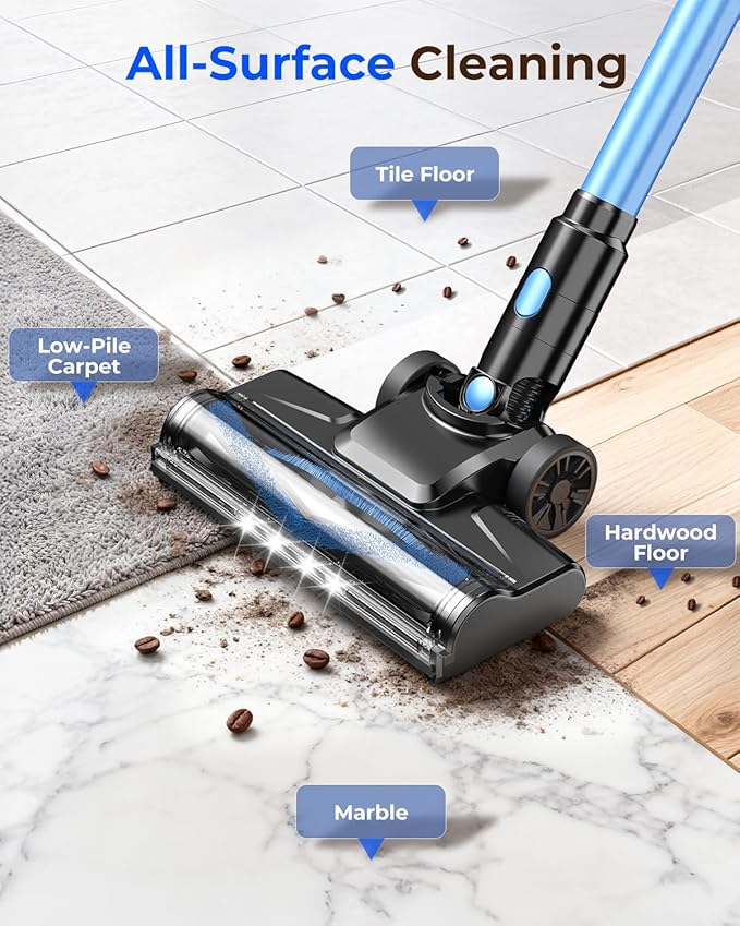 N8 Cordless Vacuum CleanerLightweight Stick Vacuum with Powerful Suction2200mAh Battery40 Mins RuntimeSelf-StandingRechargeable Vacuum Cleaners for Home Hardwood Floor Carpet Pet Hair (Blue)