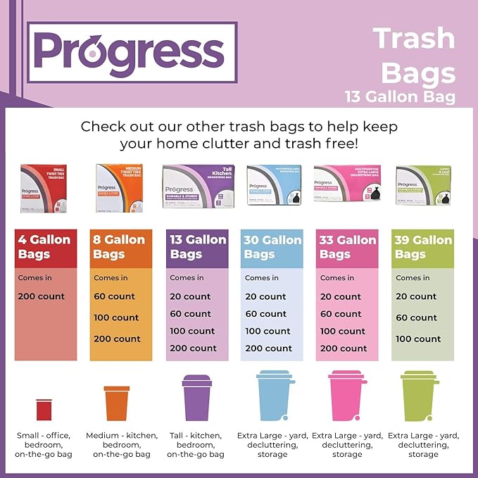Progress Drawstring Trash Bags – 13 Gallon Portable Tall Garbage Bags Can Liners for Kitchen Office Bathroom Garage | Waste Disposal Supplies (100 Count)