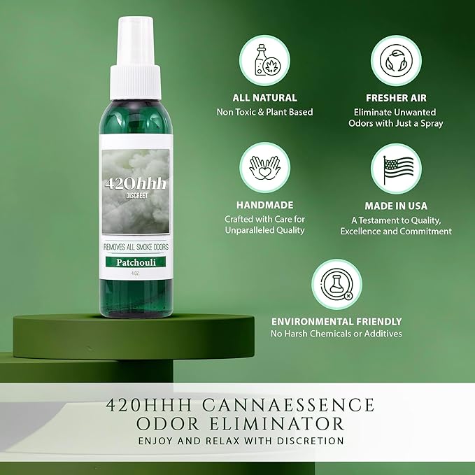 420hhh CannaEssence Multi-Purpose Odor Eliminating Spray: Essential Oil-Based Solution Removes All Smoke Odors in Home Car Office Clothing &amp Furniture- 4 oz Patchouli (Pack of 2)
