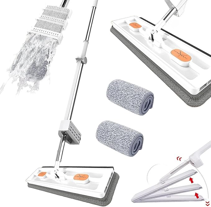 Large Flat Mop 2023 New Large Flat Mop Large Surface Flat Mop Wall Cleaning with Long Handle Reusable Portable Wet &amp Dry Lazy 12027(White Mop+2pcs Rag)