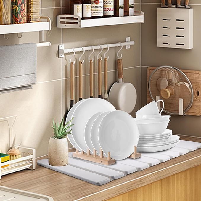 2 PCS Quick Dry Stone Dishes Mats for Kitchen CounterCollapsible Quick Drying Dish MatsUltra Absorbent Diatomaceous Earth Mats for Dishes Bottles Cups Match Any Countertop（White 24×16&amp 8x4）