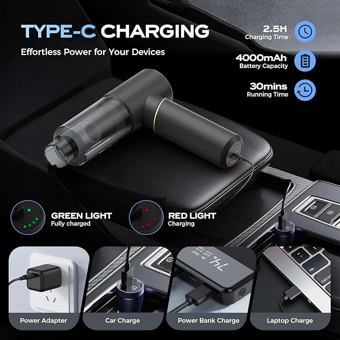 Handheld Vacuum Cordless Rechargeable Car Vacuum Portable Cordless with Strong Suction15Kpa Hand Vacuum Ultra-Quiet (75dB) 21min Runtime Lightweight (1.25 lbs) for Car Pet Hair Home