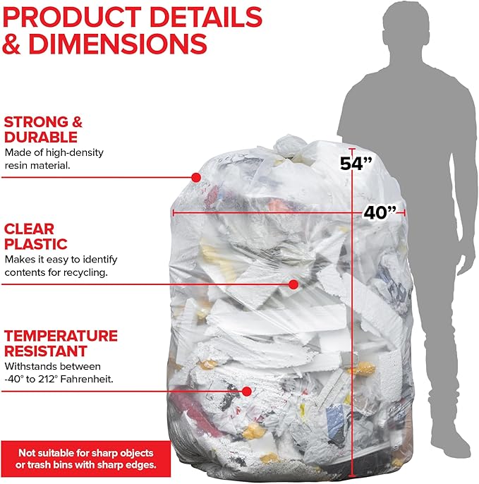 Stock Your Home 55-60 Gallon Clear Trash Bags (150 Pack) – Disposable Leak-Resistant Garbage Can Liners for Office Bathroom Deli Produce Dog Poop Cat Litter