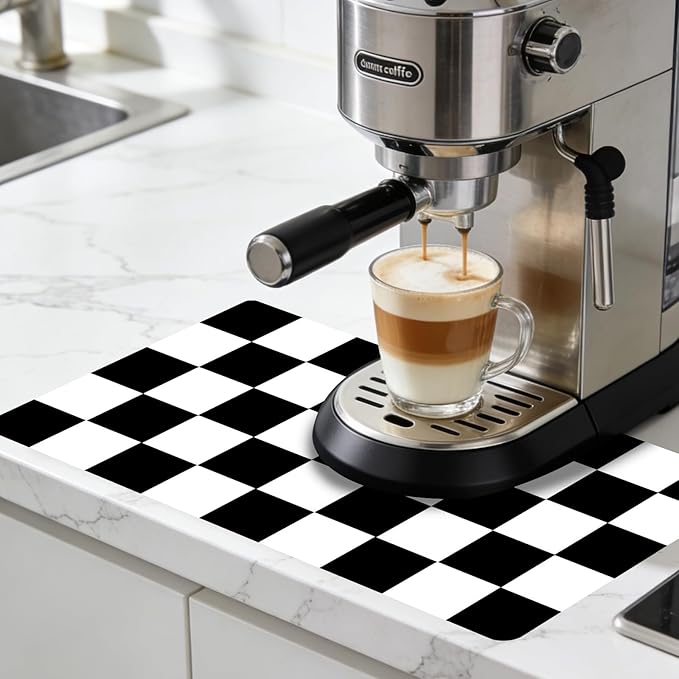 Nuxovilar Coffee Bar Mat Natural Rubber &amp Canvas Fabric 16.92 x 31.1 Checkered Coffee Bar Accessories Protective Mat Home Kitchen Countertop