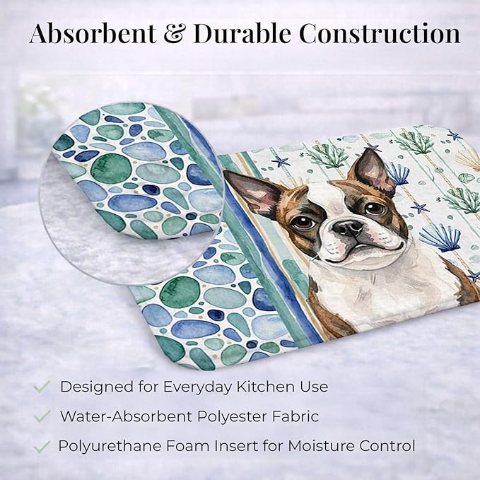 Caroline's Treasures Brindle Boston Terrier Coastal Sea Glass Dish Drying Mat Absorbent Dish Drying Mat Pad for Kitchen Counter Dish Drainer Mat for Countertop 14 x 21 Multicolor