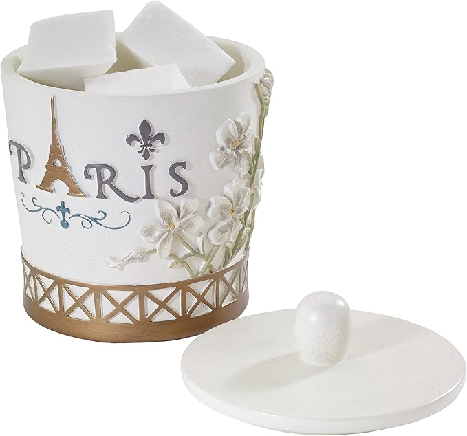 Avanti Linens - Covered Jar Hand Painted Resin Countertop Accessories Chic Bathroom Decor (Paris Botanique Collection)