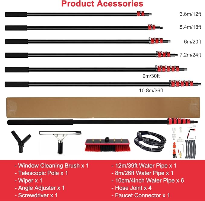 Window Cleaning Brush Poles Kit Water Fed Poles Brush Kit Solar Panel Cleaning Brush Telescopic Rod High Altitude Cleaning Telescopic Brush10.8m/36ft