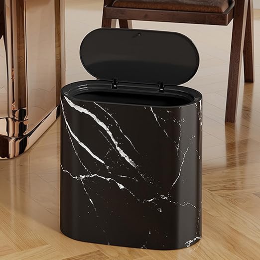 Waste Basket for Bathroom with Lids Plastic Marble Wood Pattern Trash Can Small Garbage Bin with Lid for Bathroom Narrow Waste Basket Modern Waste Basket for Home (Black-11.6 * 11.2'')