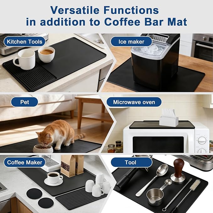 Mrcrypos Silicone Coffee Mat 16X24in Black - Non-Slip Espresso Countertop Mat Spill Proof Coffee Bar Mat for Kitchen Station with Detachable Dish Drying Mats Fit Cafes &amp Office Countertops