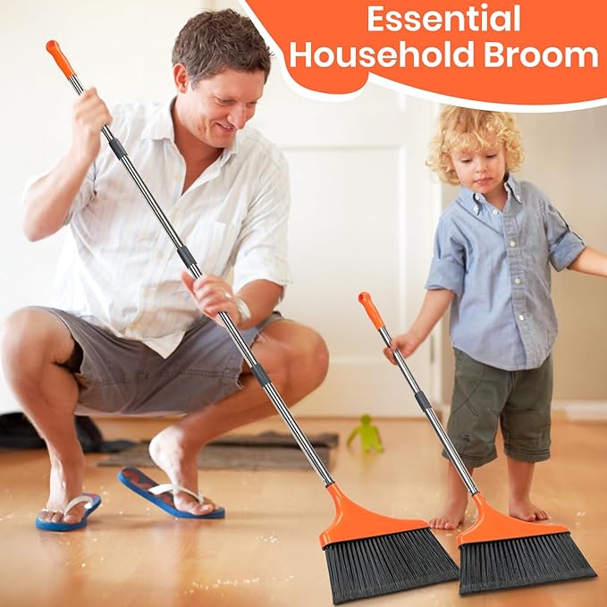 4 Pack Heavy-Duty Angle Broom for Floor Cleaning with 52 Long Handle Stiff Bristle Angle Commercial and Industrial Broom Indoor Outdoor Broom for Garage Kitchen Office Lobby Patio