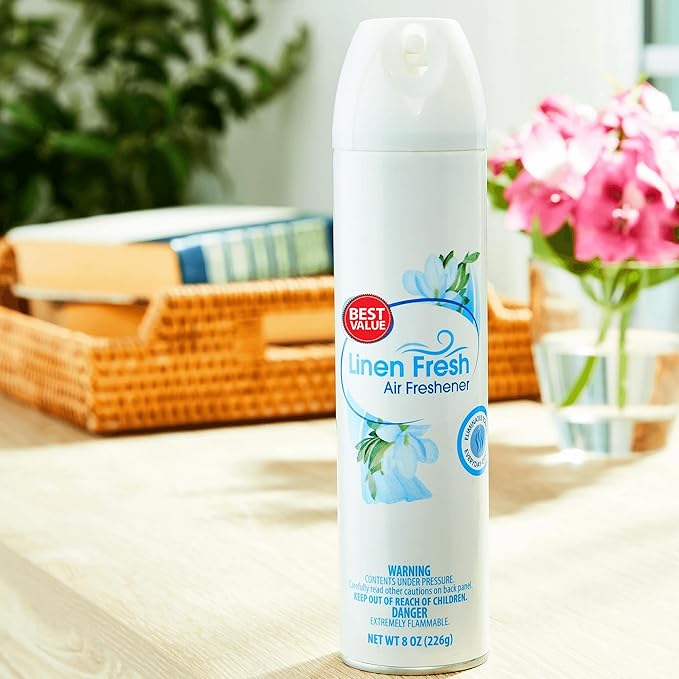 Aerosol Air Freshener Linen Fresh 8 oz– Long Lasting Room Deodorizer Spray for Home Bathroom &amp Office – Odor Eliminator Mist for Fabric Car &amp Living Spaces - (Pack of 4)
