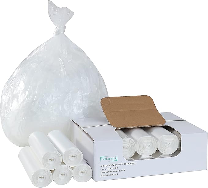 TYPLASTICS 40-45 Gallon Clear Trash Can Liners - 40 x 48 – High Density Garbage Bags - Case of 250 – Multipurpose for Office Outdoor Recycling Industrial and Commercial