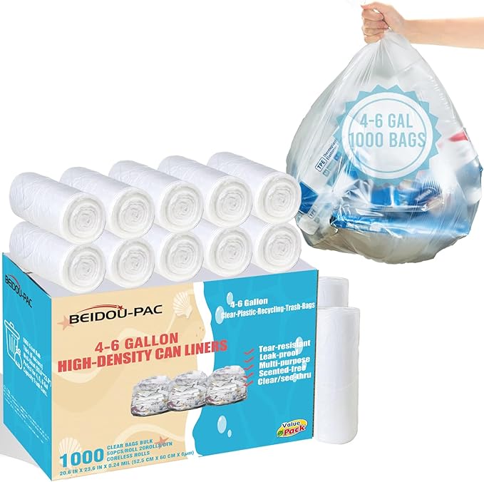 4-6 Gallon Trash Bags 1000 Count Unscented Clear Plastic Recycling Bags