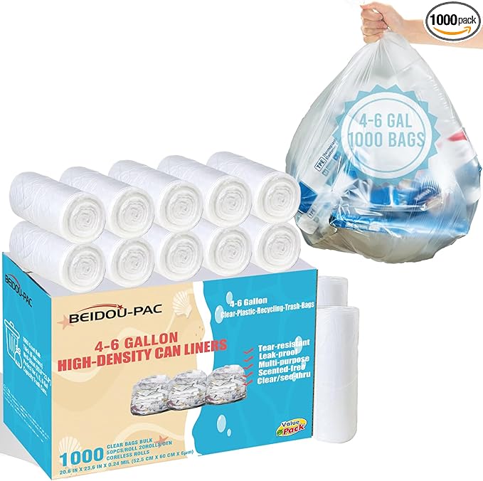 4-6 Gallon Trash Bags 1000 Count Bulk Value Pack Clear Plastic Recycling Bags Multi-purpose Garbage Bags for Business Home Bathroom Kitchen Commercial and Industrial
