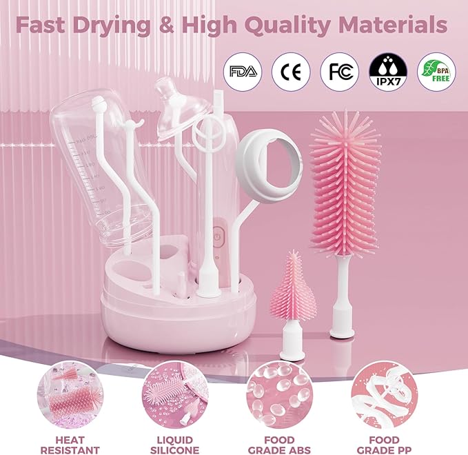 Electric Bottle Brush CleanerRechargable Electric Baby Bottle Brush Cleaner with ThermometerSilicone Bottle/Nipple/Straw BrushDrying RackTravel Bottle Cleaner Kit for New Moms (Pink)