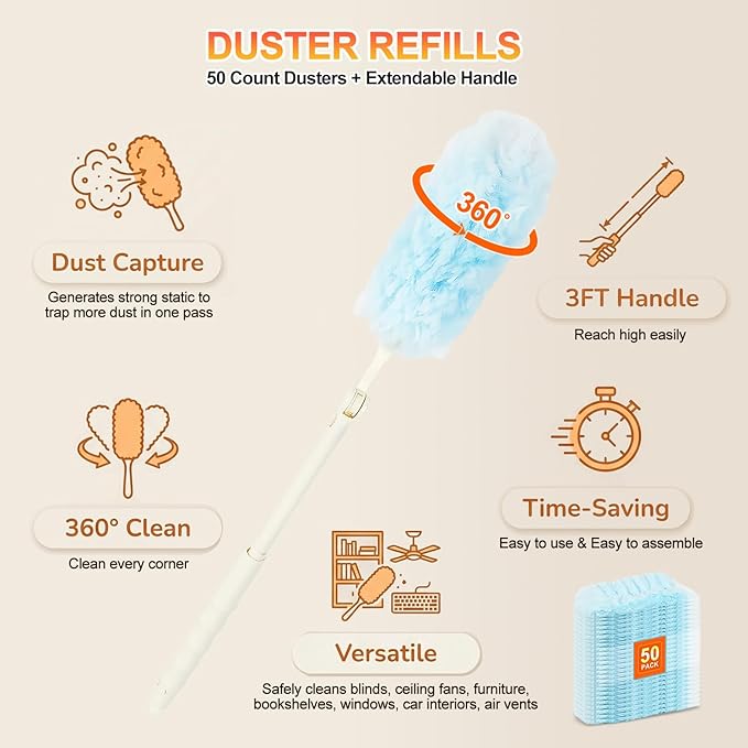 50 Count Heavy Duty Duster Refills for Swiffer Duster Multisurface 360 Dusters Replacements with 3 ft Extended Handle Unscented Disposable Dusters for Cleaning Home Blinds Ceiling Fans Furniture