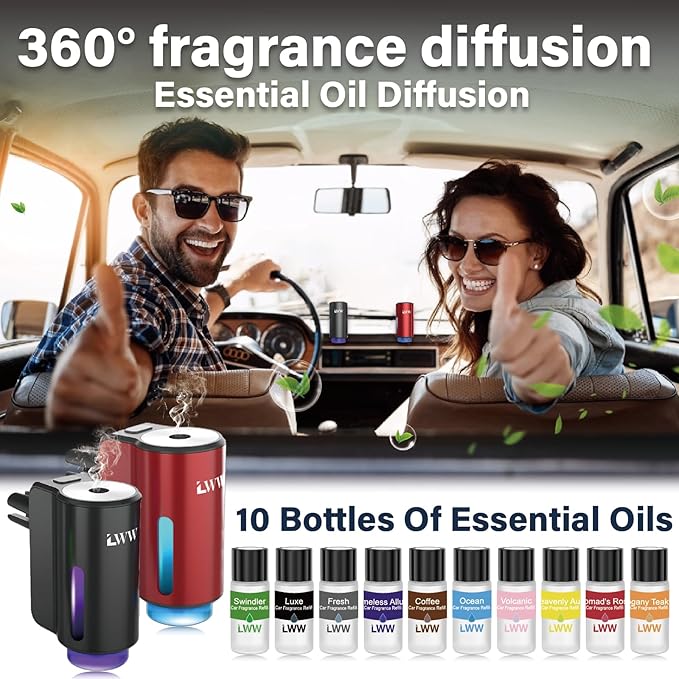 Car Air Freshener Diffuser Portable Intelligent Car Aroma Diffuser with 3 Adjustable Modes Rechargeable Car Aromatherapy MachineTravel Essentials Gifts for Women Men Long-Lasting (10Scents)