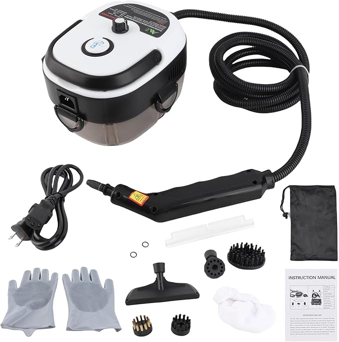 1500W Portable Handheld Steam Cleaner - 105℃ High Temperature Deep Cleaning with Removable Tank and 3 Brushes for Kitchen Bathroom Car Windows (US plug)