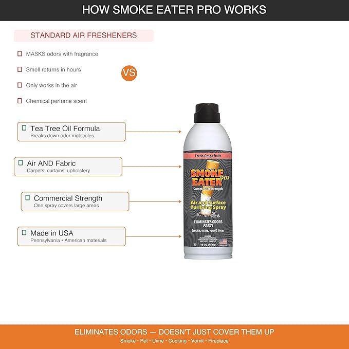 Smoke Eater Pro 16 oz Odor Eliminator Spray — Commercial Strength for Smoke Pet Urine and Cooking Odors — Air and Fabric Deodorizer with Tea Tree Oil — Made in USA (Fresh Grapefruit)