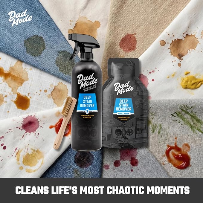 DadMode Laundry Stain Remover | 7-Enzyme Spray for Deep Aged Set-In Clothing Stains | Enzyme Booster Cleans Bodily Fluids Oil Wine Turmeric | Sandalwood &amp Suede | 16oz Bottle + Refill Pouch