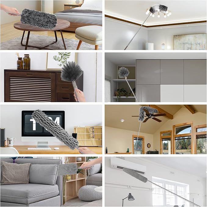 Microfiber Feather Duster with Extension Pole 30 to 100 inches ReusableBendable Washable Dusters for Cleaning Ceiling Fan High Ceiling Blinds Furniture &amp Cars 12PCS