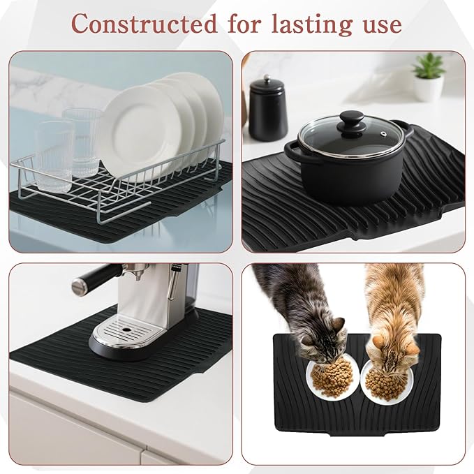 2 Pcs Extra Large Silicone Dish Drying Mat with Drain Lip 23.6 x 19 Inch Dish Drainer Liner Rubber Counter Drying Pad for Kitchen Sink Drawer (Black)