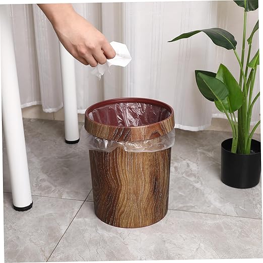 VALICLUD Vintage Wood Grain Trash Can Small Rustic Waste Basket for Kitchen Bathroom Living Room Office Elegant Household Rubbish Bin with Classic Wood Pattern Design