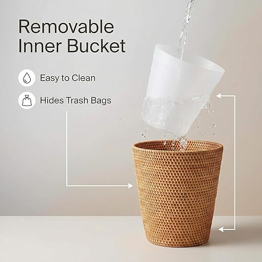 2.5 Gallons Rattan Wastebasket Hand Woven Plastic Trash Can with Removable Liner Stylish Honey Brown Decorative Waste Bin for Bathroom Home Decor