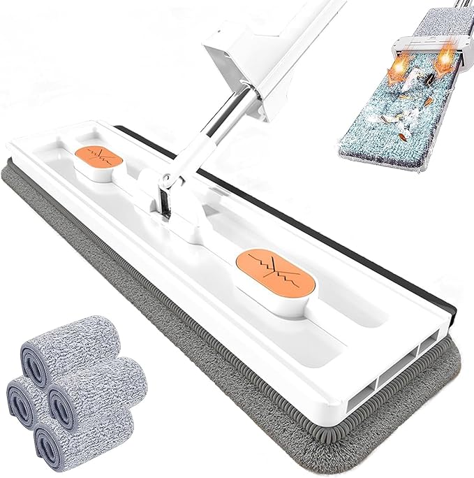 Large Flat Mop 360° Spin Large Flat Mop Stainless Steel Long Handle with 4 Reusable Pads 360° Rotating with Dewatering Scraper 12027(White)