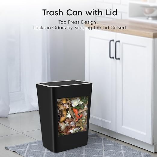 Lysam Small Trash Can 3 Pack 4 Gallons Bathroom Garbage Can with Lid Press-Top Small Waste Basket with Trash Bags Slim Plastic Garbage Bin for Dorm Office Bedroom Kitchen Living Room （ Black ）