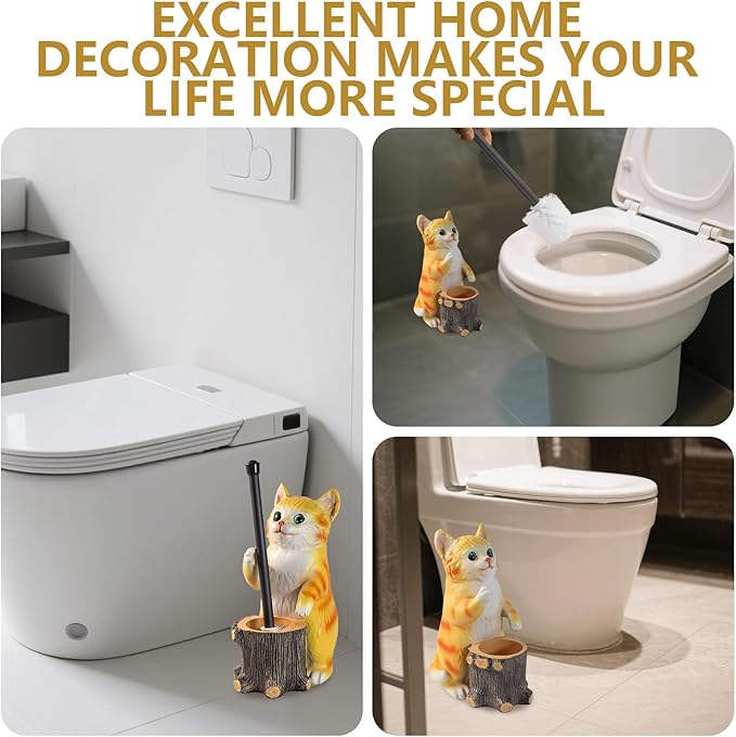 Toilet Brush Holder Set for Bathroom Cute Cat Base Solidly Toilet Bowl Brush Holder and Decorative Bathroom Ceramic Cleaning Kit with Brush and Holder (Cat)