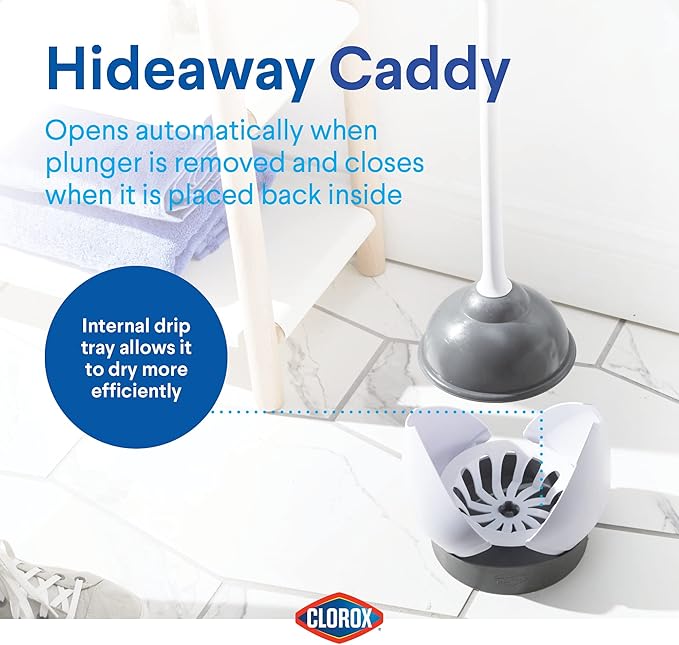 Clorox Toilet Plunger with Hideaway Caddy Set of 2 – for Bathroom Organization and Storage Bathroom Accessories Toilet Unclogger with Holder White