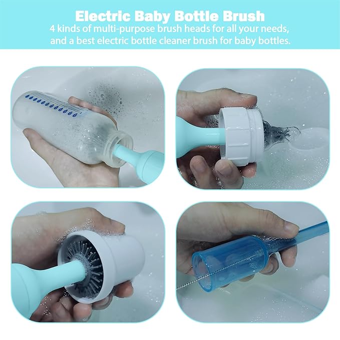 Electric Baby Bottle Brush Set with Rechargeable Electric Bottle Brush Cleaner and Replaceable Silicone Bottle Brushes and Straw Brush Cleaner Waterproof Multi-Purpose Cleaning Brush(Blue)