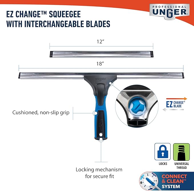 Unger Professional Connect and Clean 18” EZ Change Window &amp Glass Cleaning SqueegeeLarge-and Small WindowsRubber Blade Tool for Streak-Free ResultsIncludes 12” Channel(Pack of 6)