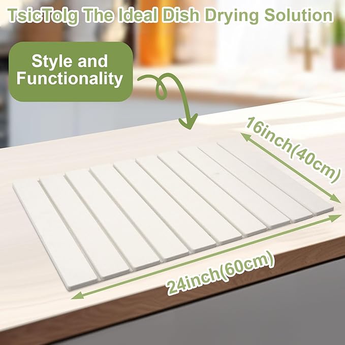White Stone Drying Mat for Kitchen Counter Foldable 24 x 16 Diatomaceous Earth Dish Drying Mat Quick-Dry and Absorbent Mat for Dishes Bottles Cups Bathroom or Countertops