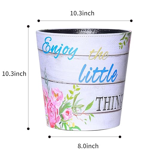 PU Leather Small Trash Can Wastebasket Round Garbage Container Basket for Bathrooms Laundry Room Kitchens Offices Kids Rooms BedroomsDormsHome Decorative Art Bin 2.9 Gallon (Little Joy)