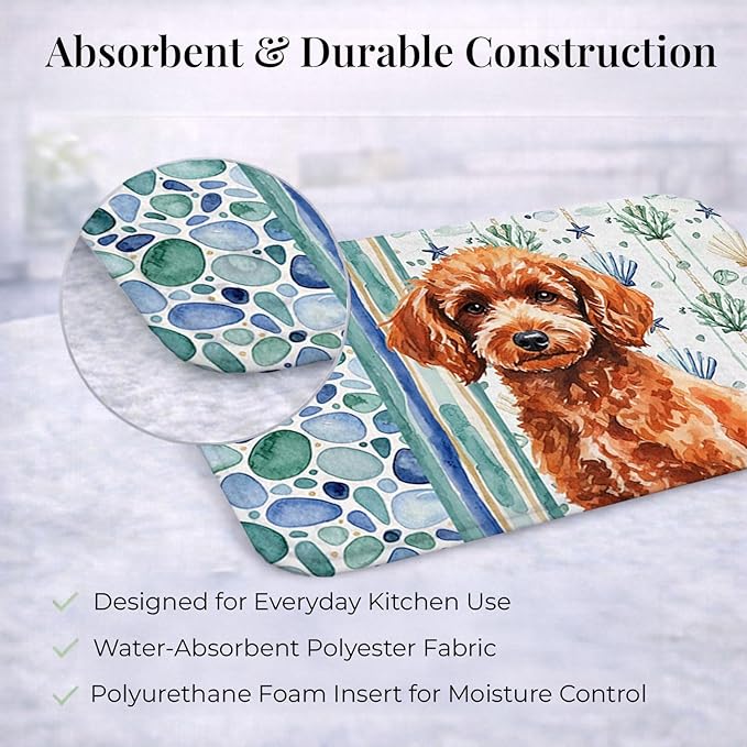 Caroline's Treasures Toy Red Poodle Coastal Sea Glass Dish Drying Mat Absorbent Dish Drying Mat Pad for Kitchen Counter Dish Drainer Mat for Countertop 14 x 21 Multicolor