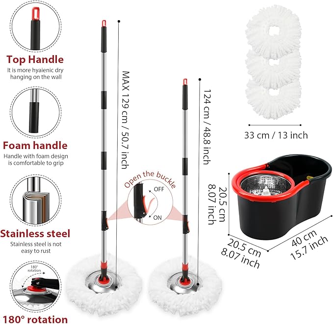Spin Mop and Bucket with Wringer Set 360° Spinning Mop Bucket System with 3 Microfiber Mop Replacement Heads and 51 Stainless Steel Adjustable Handle for Floor Cleaning (15QT)