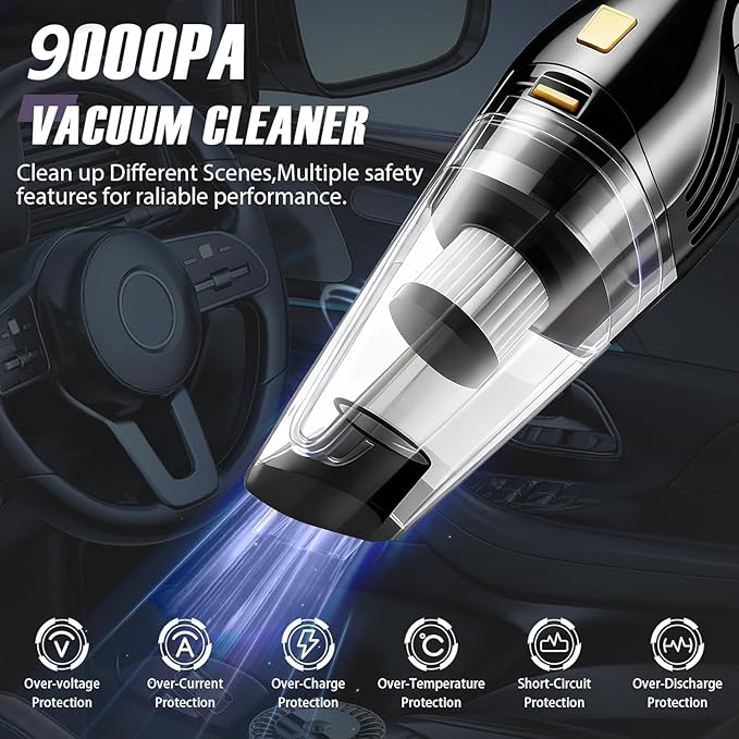 Car Vacuum Portable Cordless – 9000PA Strong Suction Lightweight &amp Rechargeable – Includes Multi-Nozzle Attachments for Car Home Office and Pet Hair – Compact &amp Powerful Black Gold Vacuum
