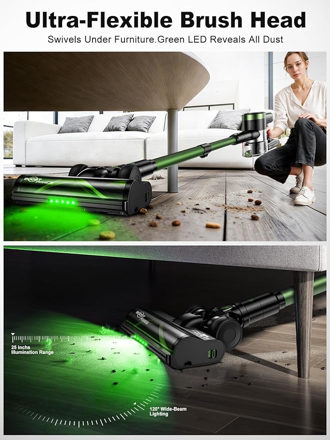 Cordless Vacuum Cleaner58kPa/10-in-1 Stick Vacuum with 29-inch Hose and LED Lighting Brush55Mins Runtime Vacuum Cleaner for HomeSelf-Standing Vacuum with Anti-Tangle Brush for Pet Hair/Carpet/Floor