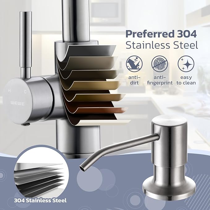 WEWE Kitchen Faucet with Soap Dispenser and Pull Down Sprayer RV Single Handle Classic 3 Modes Stainless Steel Faucet for Kitchen Sink RV Stainless Steel