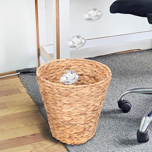Wicker Trash can 10.6 Inch Natural Material Round Wastebasket for Home Storage Basket Lightweight Boho Style Organizer for Laundry Toys Sundries