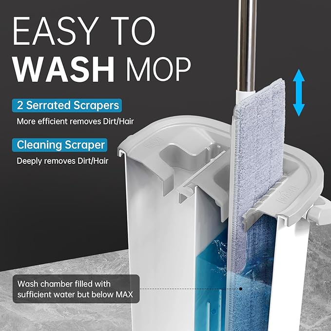 Wall Floor Mop Kit: Long Handle Scrubber with Wringer Bucket Washable Microfiber for Kitchen Bathroom &amp Hardwood - Women’s All-Purpose Cleaning Tools