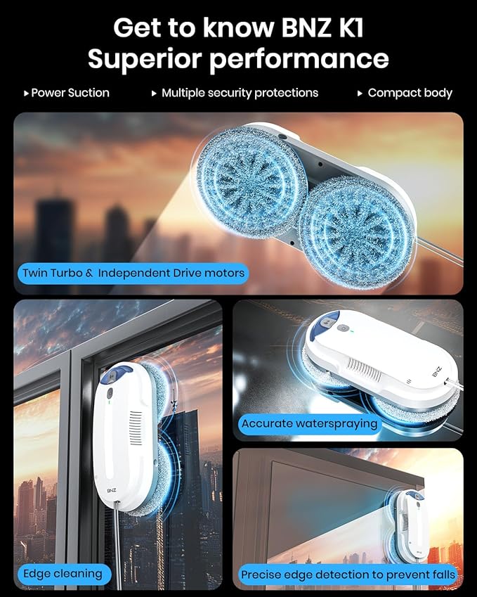 BNZ Smart Window Cleaning Robot Twin Turbo &amp Dual Auto-Spray Window Cleaner with Multiple Safety System AI Path Planning Frameless Edge Detection K1 (White)