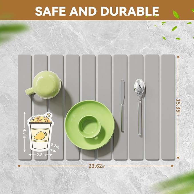 Stone Dish Drying Mats for Kitchen Counter-23.6''x15.3'' Foldable Quick Dry Stone Mat KitchenEco-FriendlyAbsorbent Diatomaceous Earth Mats for Dishes Bottles Cups Bathroom Any Countertop-Light Gray