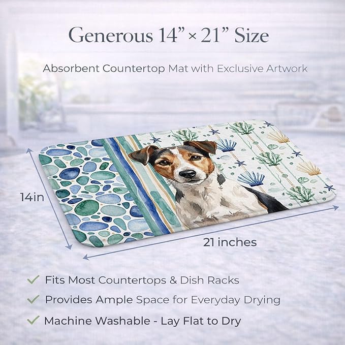 Caroline's Treasures Tricolor Russell Terrier Coastal Sea Glass Dish Drying Mat Absorbent Dish Drying Mat Pad for Kitchen Counter Dish Drainer Mat for Countertop 14 x 21 Multicolor