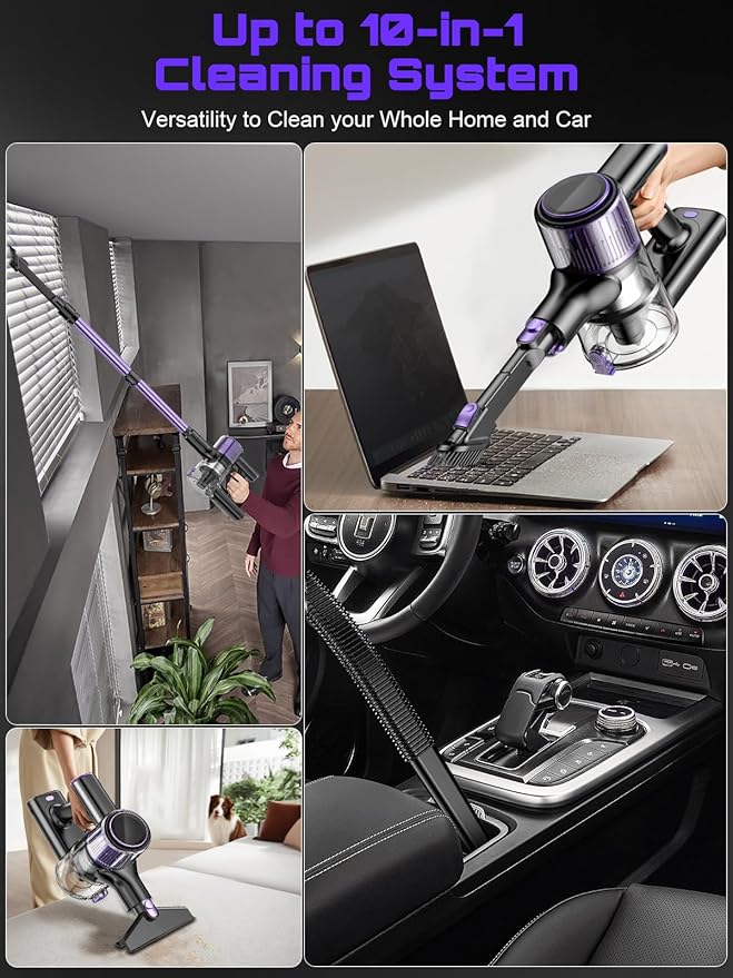 Cordless Vacuum Cleaner 45KPA /10-in-1 Stick Vacuum with 29-inch Hose 45Mins Runtime Vacuum Cleaners for Home Anti-Tangle Brush Lightweight Rechargeable Vacuum for Hardwood Floor (Purple)